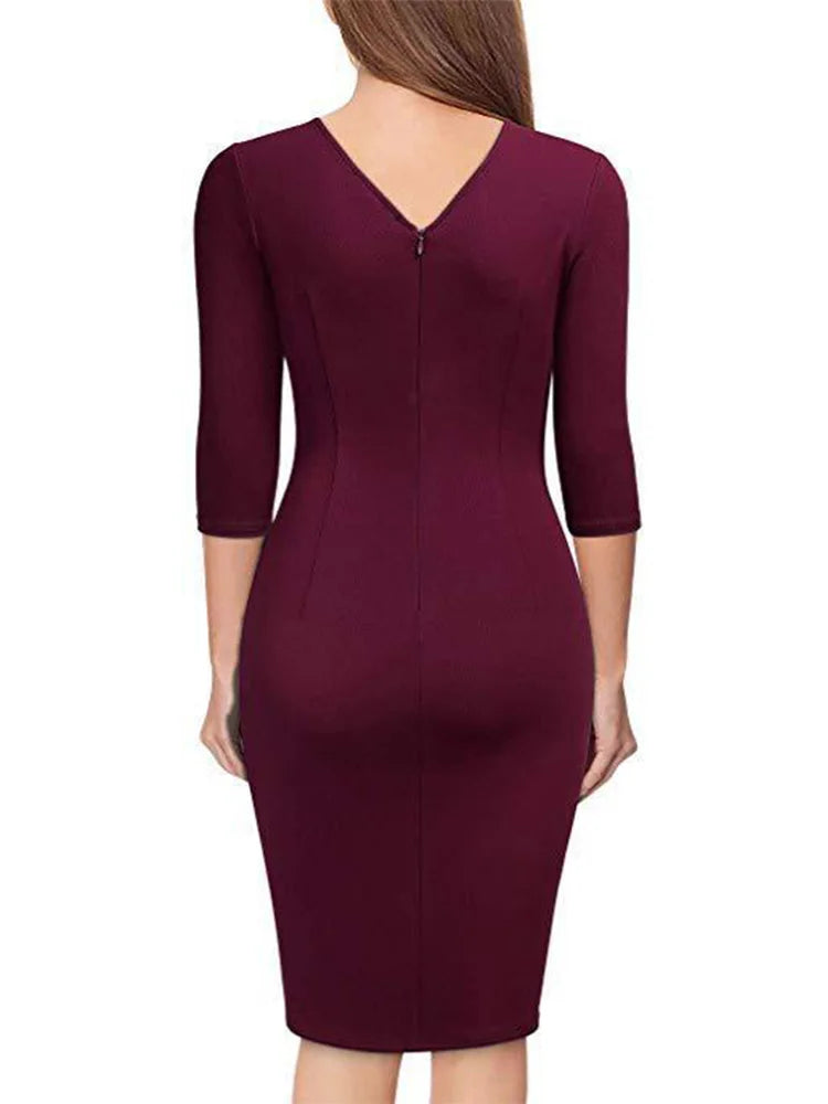 Office Lady Spring Dress V Neck Short Sleeve Dresses Women Pleat Bodycon Robe Vestido long dress