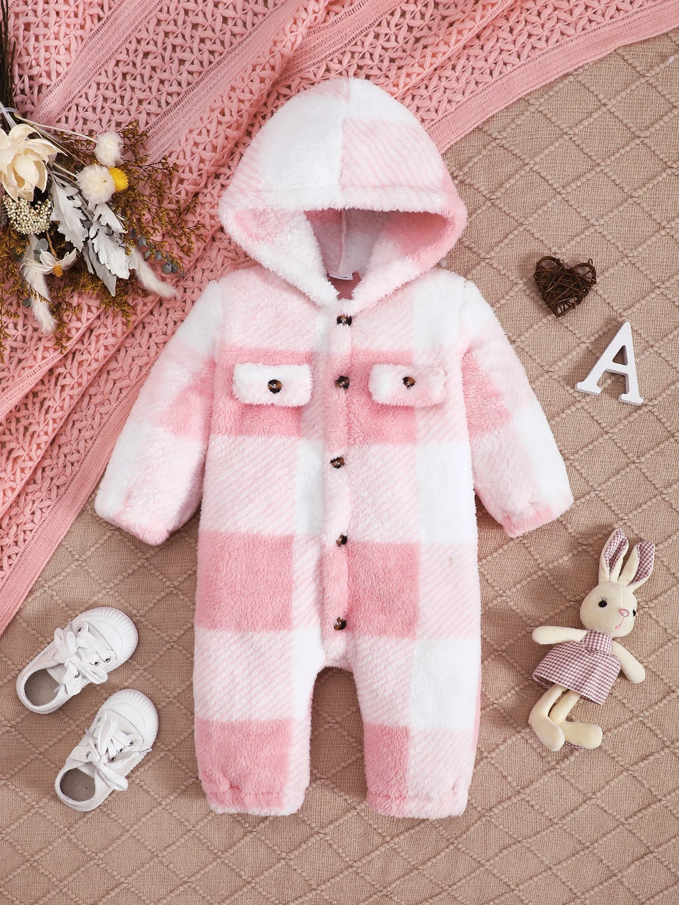 Baby Boys and Girls Plaid Romper Hooded Long Sleeved Plush Jumpsuit Winter Warm Bodysuit Clothes for 3-24 Months Toddler Boy infants girls infants boys