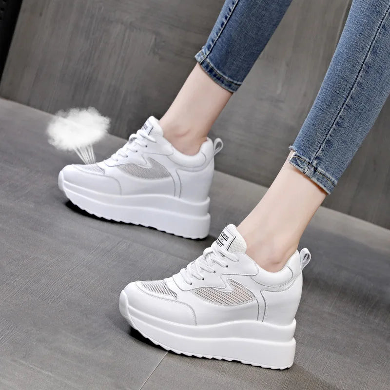 Women's Sneakers Genuine Leather Womens Casual Shoes Thick Sole Increase Height 10cm Women Sneakers Breathable casual shoes