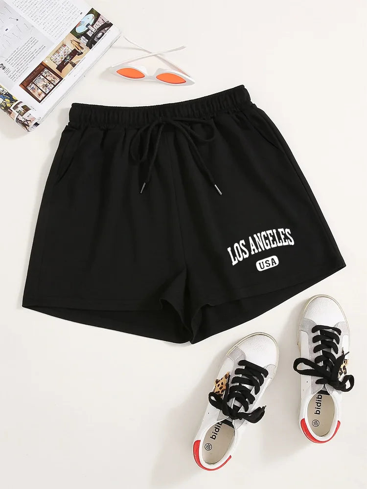 Letter Print Drawstring Shorts, Casual Slant Pockets Shorts For Spring & Summer, Women's Clothing shorts