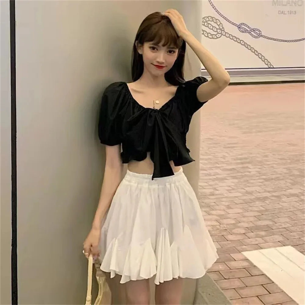 New Ruffled Skirt Elastic Waist Thin Women A-line Pleated Puffy Preppy Style Solid Color skirt