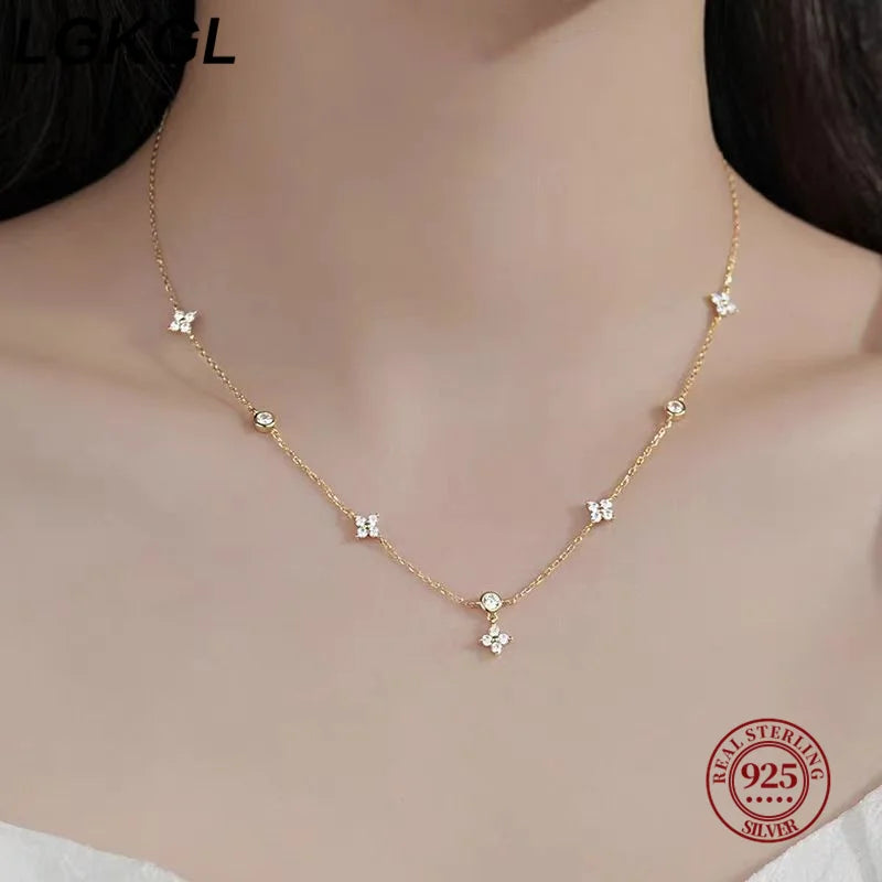 Read S925 Sterling Silver Plated 18K Gold Sparkling Zircon Flower Necklace for Women Girl Exquisite Party Jewelry Gifts  necklace