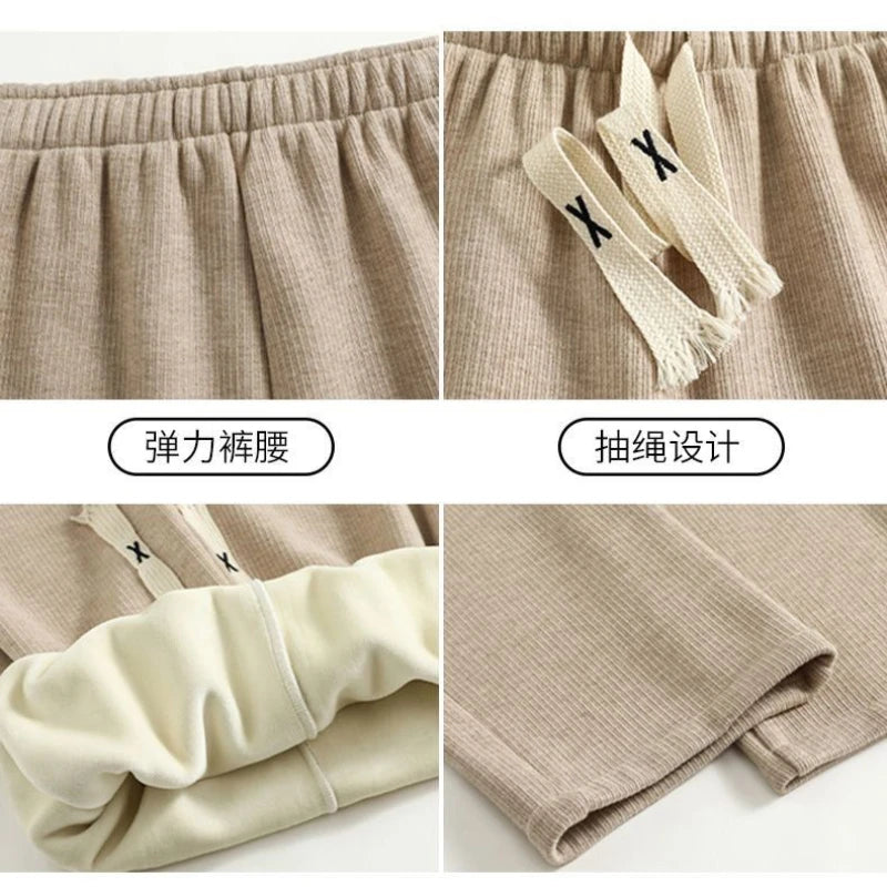 Autumn Winter Korean Fleece Women Thicken Pants Elastic Waist Stright Long Wide Leg Pants Fleece-lined Knitting Warm Trousers bottom