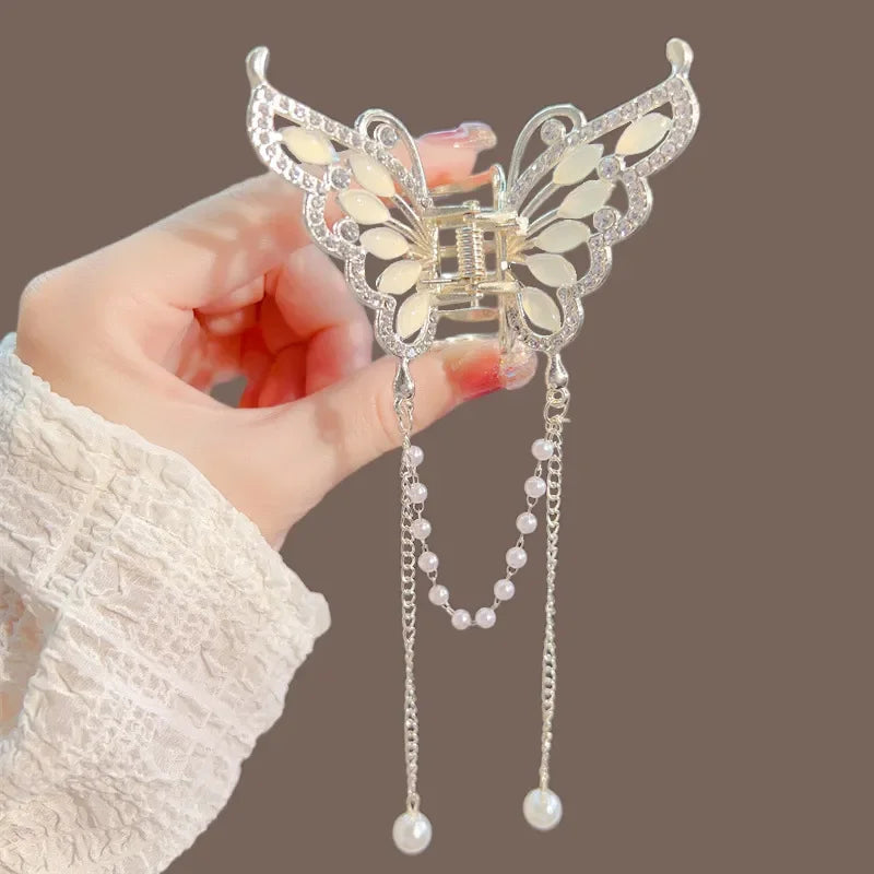 Hollow Butterfly Tassel Hairpin Korean Girl Rhinestone Ponytail Hair Grabber Elegant Pearl Hair Accessories for Women hairclips