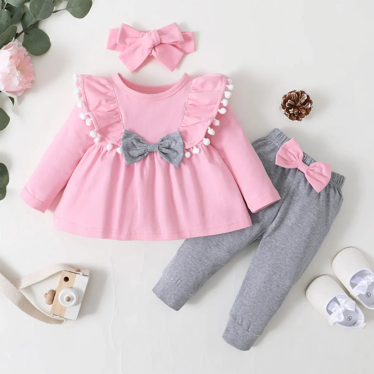 0-2 Year Old Newborn Baby Girl Spring and Autumn Round Neck Long sleeved Dress with Solid Color Pants Fashion Set infants girls