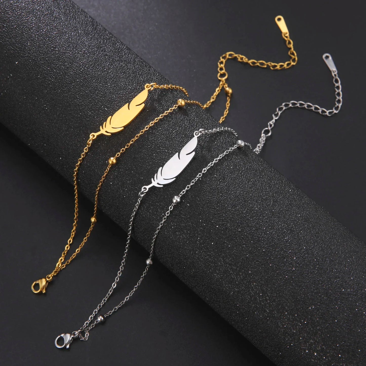 Simple Feather Stainless Steel Double Layer Bead Chain Ankle Anklets For Women Men Gold Silver Metal Anklet Daily Jewelry anklet