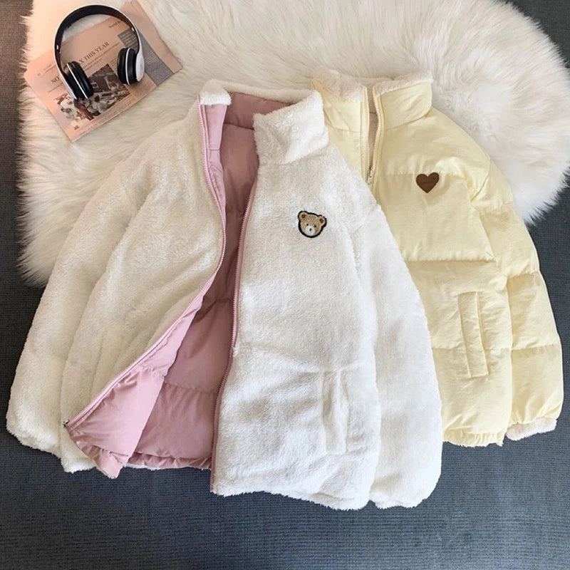 Carino ricamo parka cappotto donne inverno moda spesso sciolto caldo giacca design bifacciale rosa vestiti per studenti