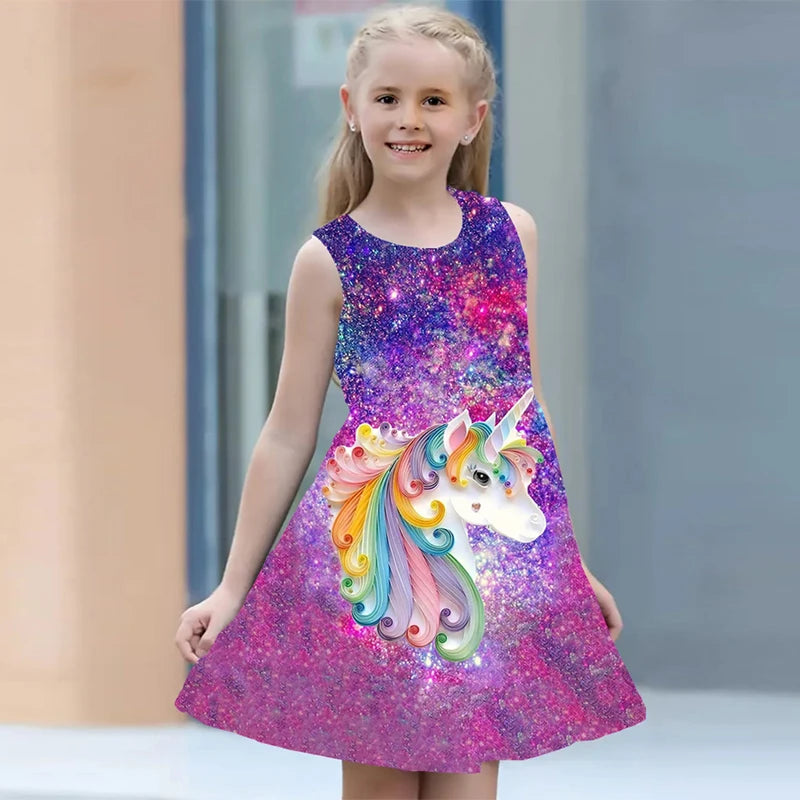 Summer Dress For Young Girls  Kids Clothes Casual Sleeveless 3D Print Children Princess Unicorn Girl Dress From 2 to 7 Years girls dresses