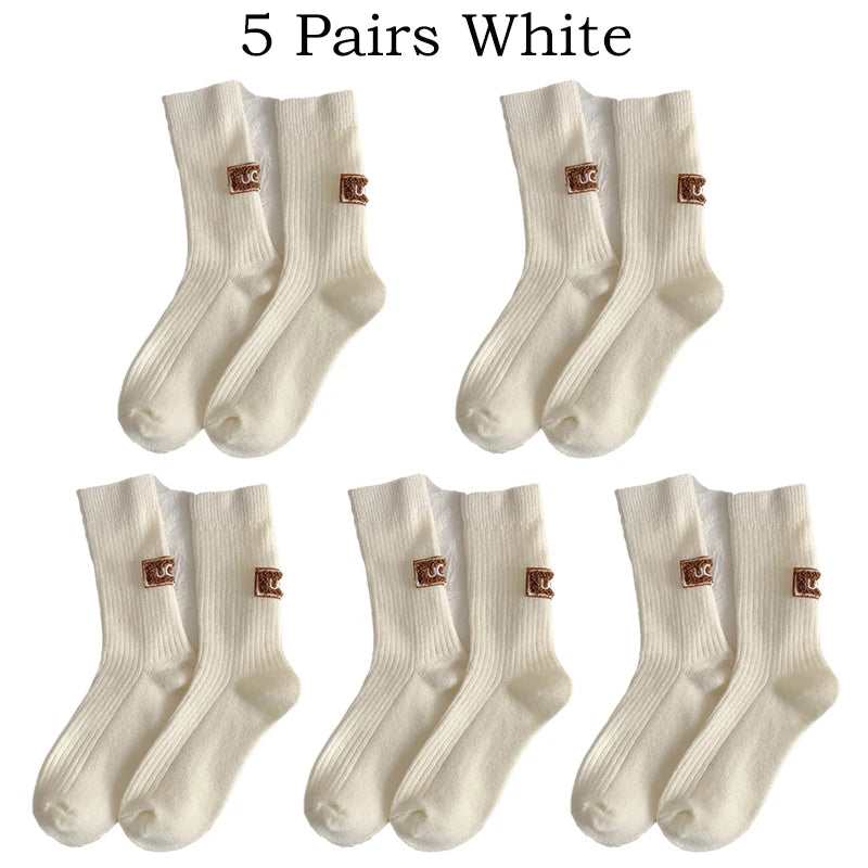 5 Pairs Winter Socks Women Cashmere Wool Socks Solid Warm Thickened Pile Embroidered Logo Mid-Calf Socks Casual Snow Boot Socks