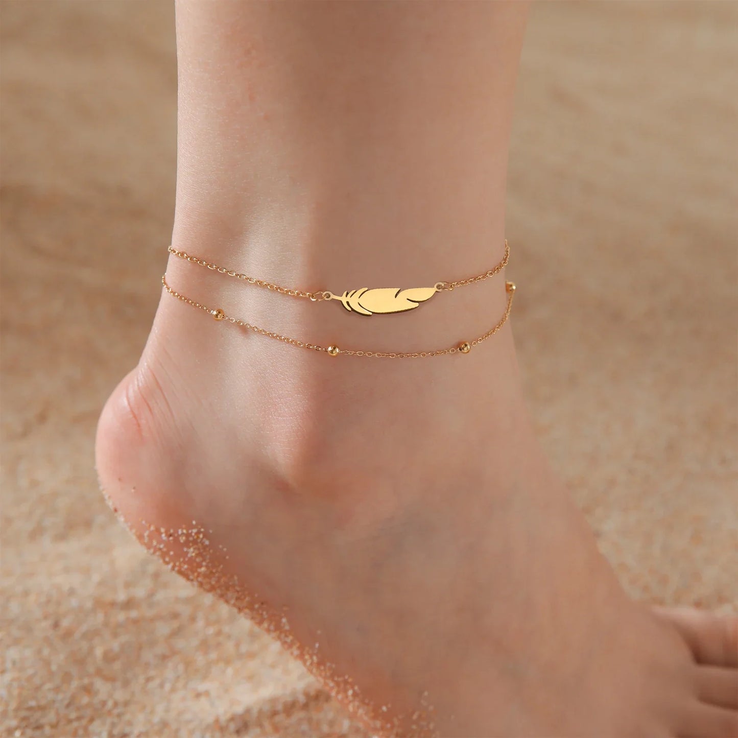 Simple Feather Stainless Steel Double Layer Bead Chain Ankle Anklets For Women Men Gold Silver Metal Anklet Daily Jewelry anklet