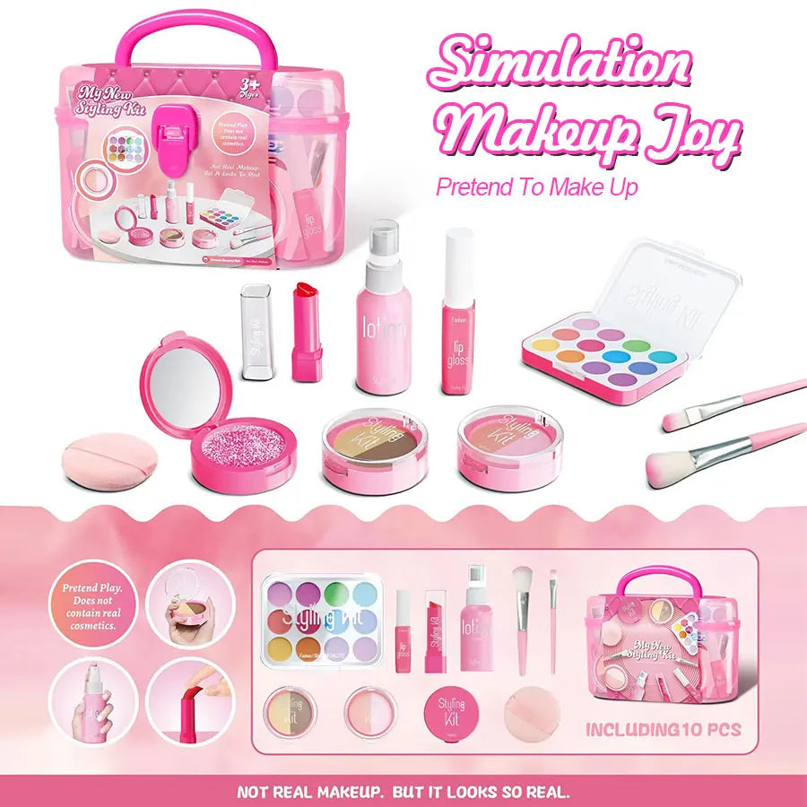 Pretend Makeup Playset, 10-Piece Non-Toxic Toy Cosmetics Set With Eyeshadow Palette, Lipstick, Applicators,  (Not Real Makeup)