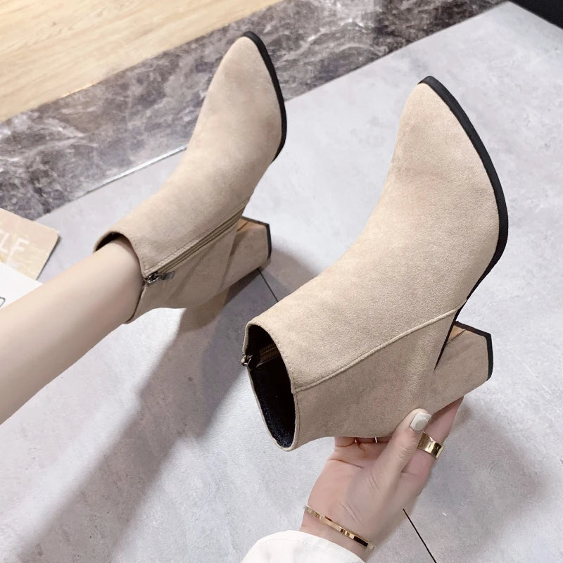 Short Boots Women's Pointed Toe Thick Heel Autumn and Winter New Thin Side Zipper Comfortable Bare Boots Women ankle boots