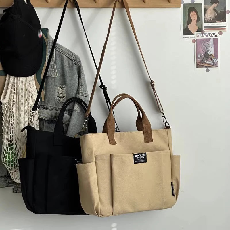 Urban Minimalist Female Student Large Capacity Commuting Horizontal Canvas Single Shoulder Diagonal Cross Portable Tote Bags