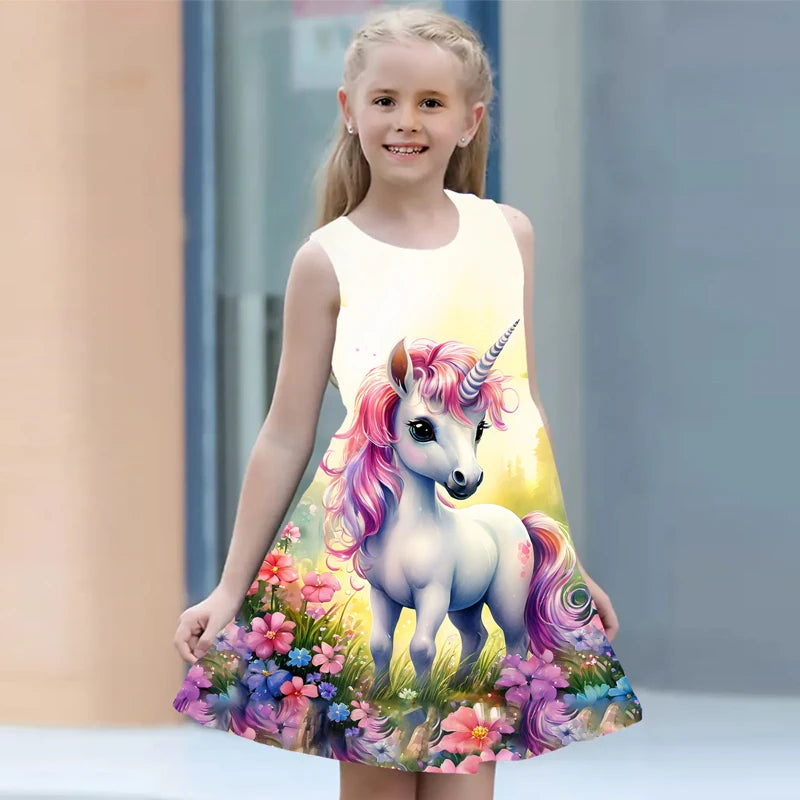 Summer Dress For Young Girls  Kids Clothes Casual Sleeveless 3D Print Children Princess Unicorn Girl Dress From 2 to 7 Years girls dresses