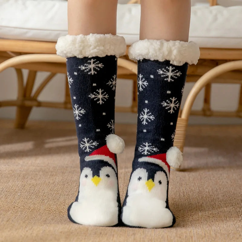 Winter Warm Socks Women penguin Plush Soft Female Non Grip Floor Slippers Short Sock Fuzzy Fluffy Deer Elk Bear Christmas Gift Socks