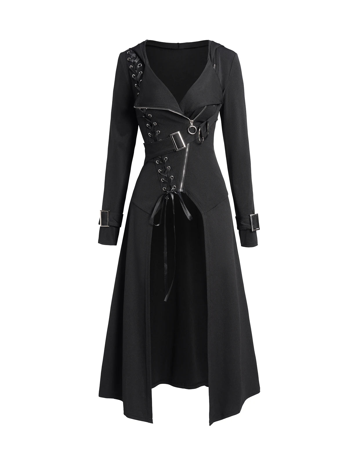 Cappotto con cappuccio punk gotico autunno nuovo tinta unita con lacci e cerniera soprabito per donna manica lunga trench lungo cappotto outwear