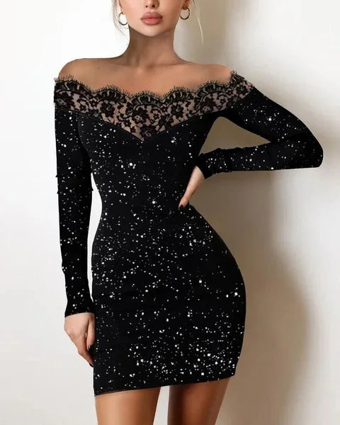 New Spring Women's Fashion, Elegance, Leisure, Sexy Long sleeved Lace Edge, One Shoulder Silver Powder Sprinkled  long Dress party dress