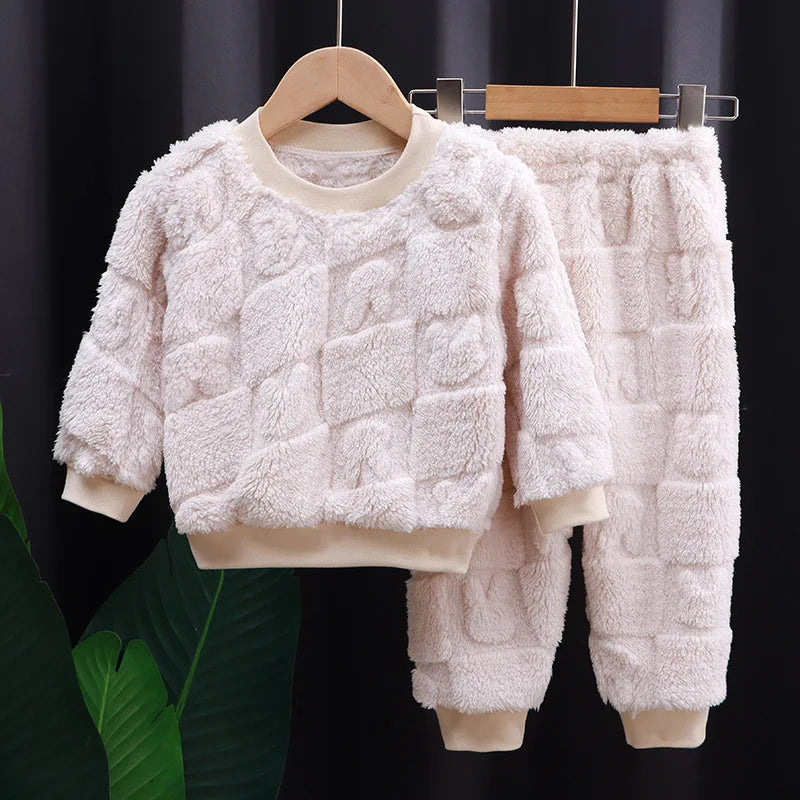 Baby flannel pajamas Korean casual solid color home clothing set for childrens long sleeved pajamas and girls warm underwear set night wear girls