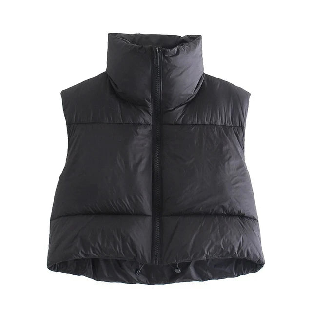 Women's Short Cotton Down Vest Short Stand-up Collar Warm Sleeveless Quilted Vest Outdoor Travel Jacket Tops coat