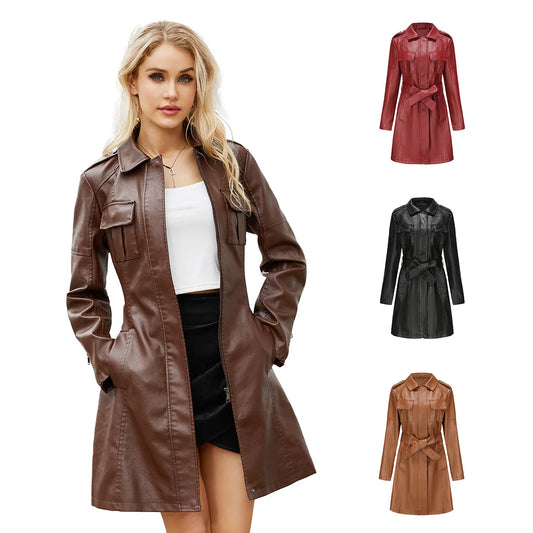 Women's Mid-length Leather Trench Coat with Belt，Solid Color