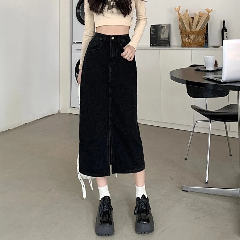 Women's Denim Wrap Skirts Retro High Waisted Split A-Line Denim Skirt Autumn Fashion Straight Skirt