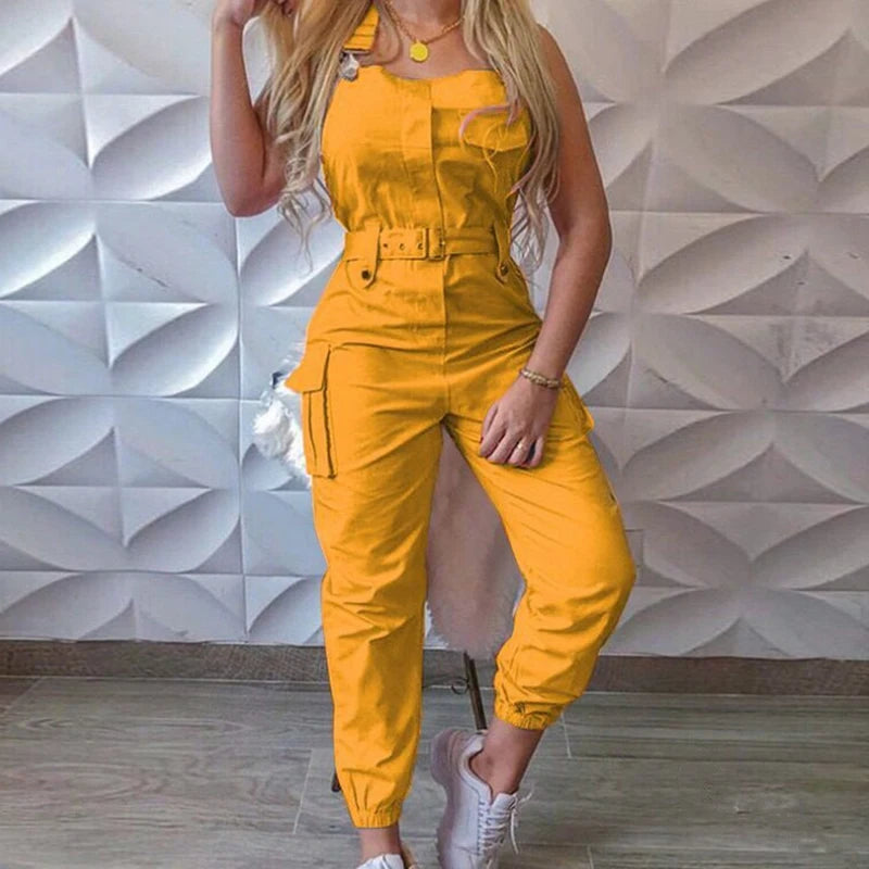 Solid Jumpsuit For Women Spring Summer New Sleeveless Shoulder Strap Pocket Slim Fashion Elegant Casual Commute Female Jumpsuit