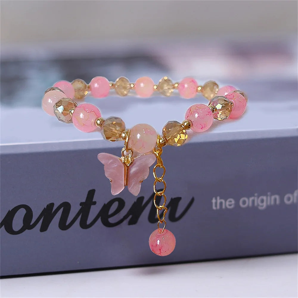 Fashion Butterfly Beaded Bracelets For Women Girls Imitation Jade Bohemian Crystal Charm Elastic Rope Bracelet Hand Jewelry bracelete