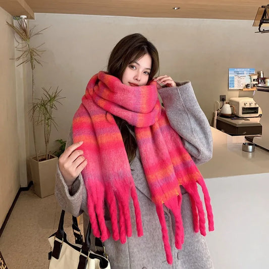 version of the new female autumn-winter vintage gradient color striped scarf student neck thickened warm scarf and shawl