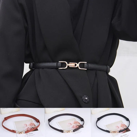 Womens Leather Skinny Belt for Dress Adjustable Thin Waist Belt Dress Belt with Vintage Gold Buckle Faux Leather belt