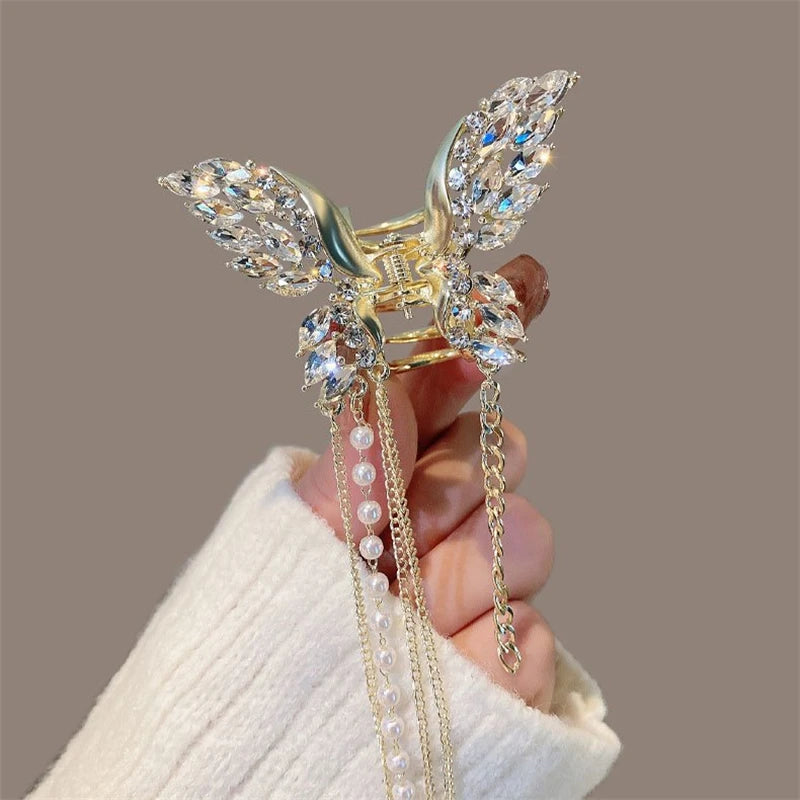 Hollow Butterfly Tassel Hairpin Korean Girl Rhinestone Ponytail Hair Grabber Elegant Pearl Hair Accessories for Women hairclips