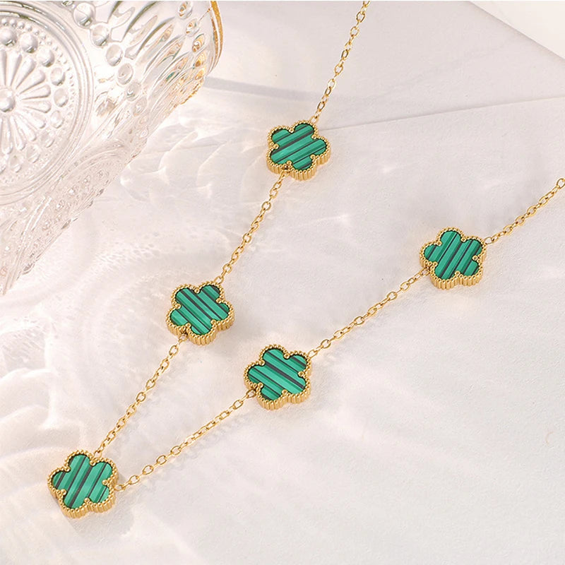 14K Gold Plated Stainless Steel Necklace Woman Five Leaf Petals Double Sided Necklaces for Women Pendant Flower Clover Jewelry  necklace