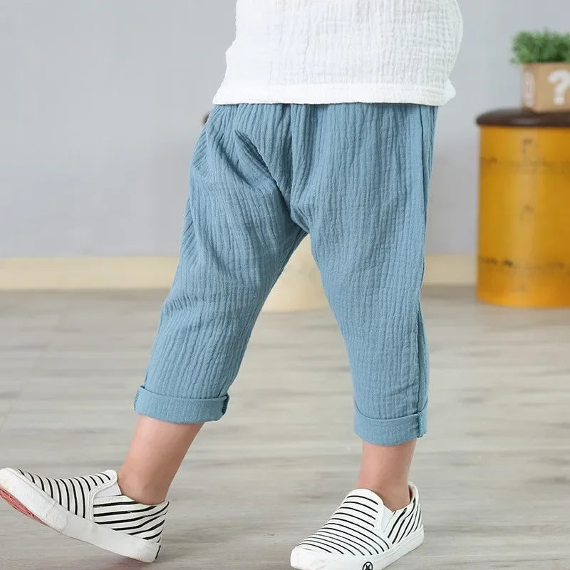 Kids Pants Boy Girl Summer Solid Color Linen Pleated Trousers Children Ankle-length Pants for Baby Casual Harem Pants  bottom boys