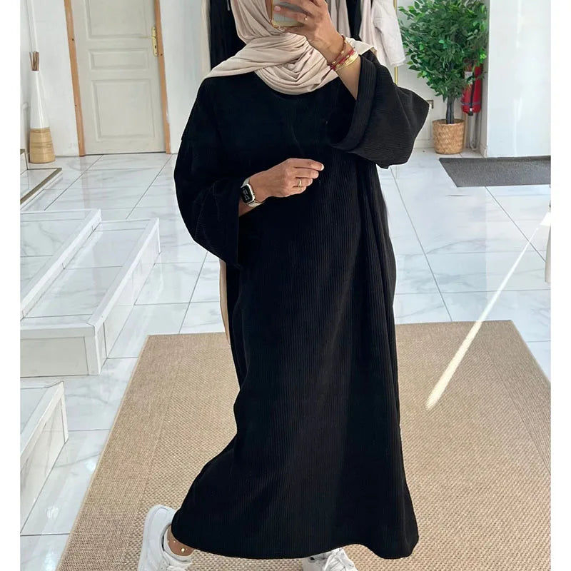 Corduroy Abaya Winter With Side Pocket Thick Warm Ramadan Islamic Clothing High Quality Muslim Women Long Sleeve Modest Dress abaya