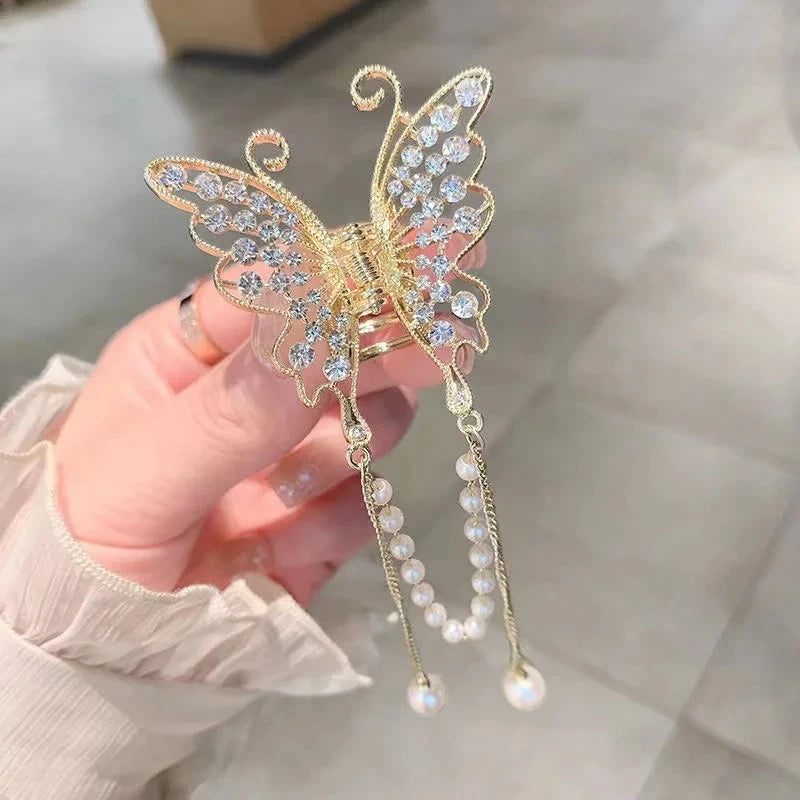 Hollow Butterfly Tassel Hairpin Korean Girl Rhinestone Ponytail Hair Grabber Elegant Pearl Hair Accessories for Women hairclips