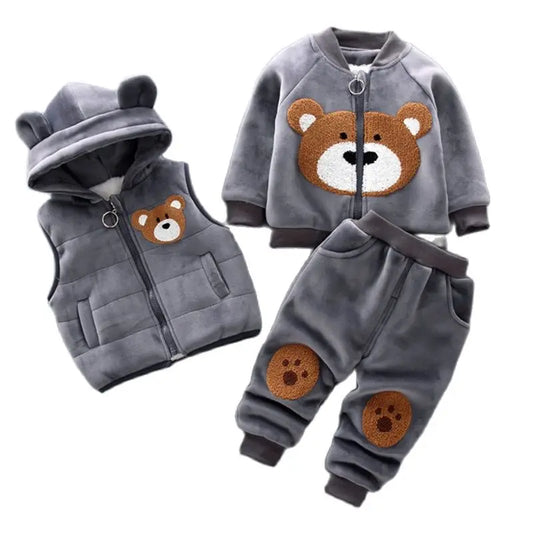 Autumn Winter Baby Boys Clothes Sets Thick Fleece Cartoon Bear Jacket Vest Pants 3Pcs Cotton Sport Suit For Girls Warm Outfits infants boys