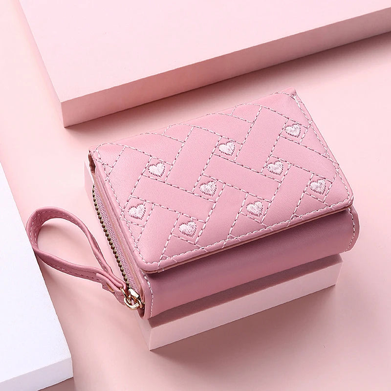 Women's Wallet Tri Fold Card Bag PU Multi Objects Pocket Short Fashion Embroidered Love Pattern Korean Minimalist New bags