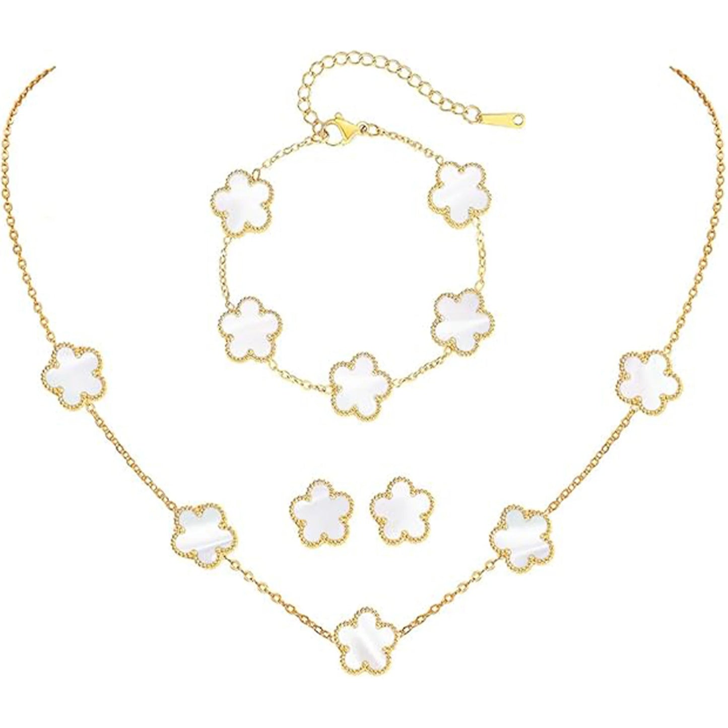 3 pezzi nuova tendenza in acciaio inossidabile cinque foglie fiore braccialetto collana orecchini set di gioielli classico per donna gioielli di lusso trifoglio