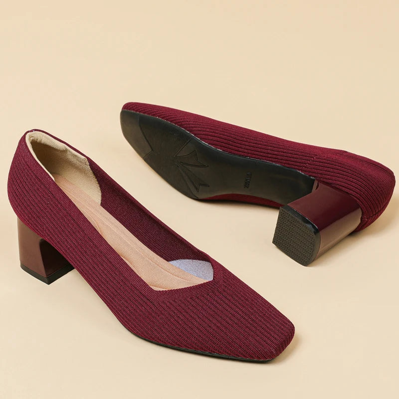 Women's high heels with multiple square toe knitted breathable and comfortable shoes for the new autumn of heel shoes