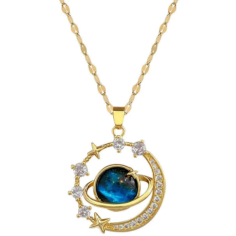 Luxury Inlaid Zircon Planet Moon Pendant Necklace For Women Titanium Steel Butterfly Water Drop Clavicle Chain Charm Jewelry  necklace