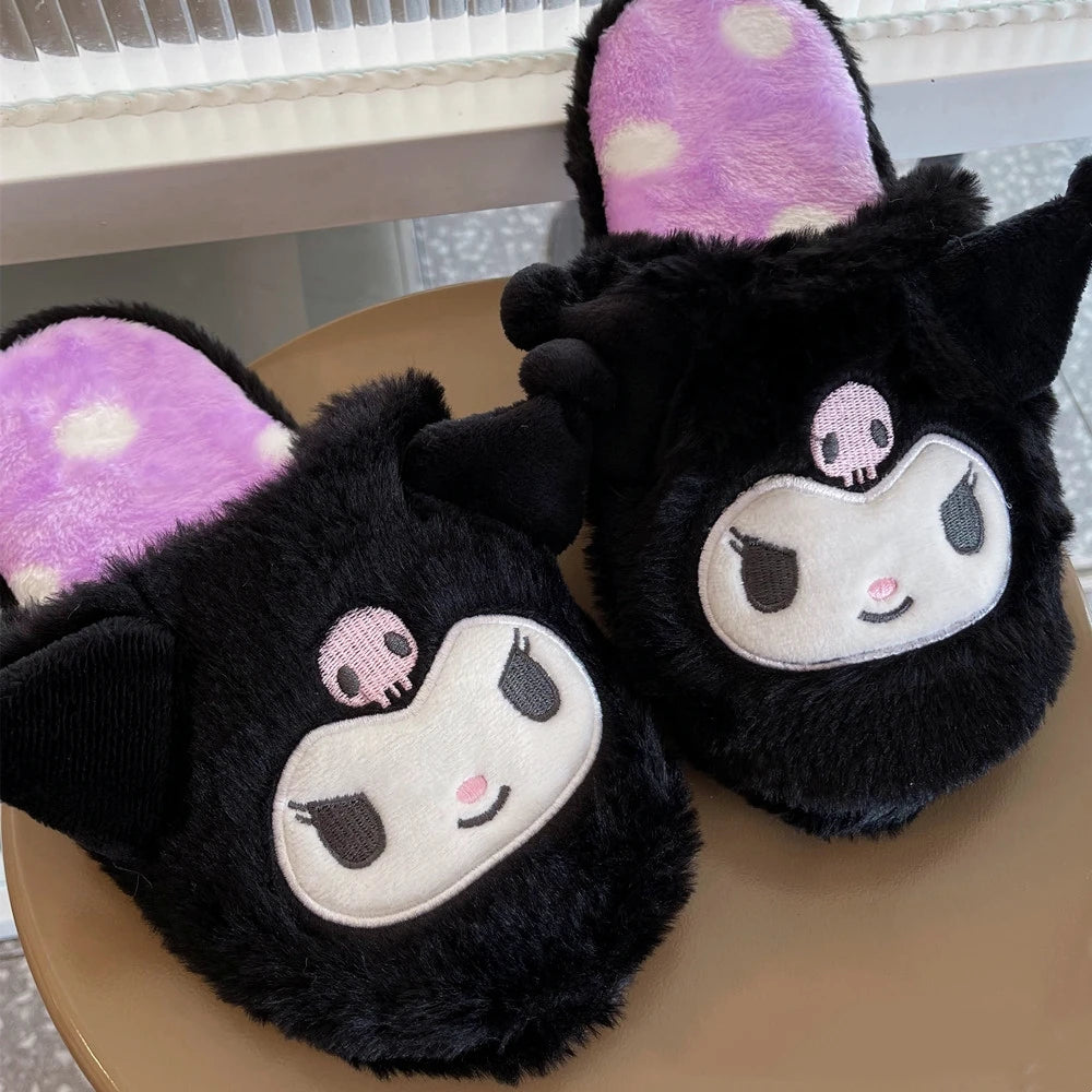 Kuromi My Melody Sanrio Cartoon Plush Slippers Floor Slippers Warm Winter Indoor Slippers Flat Casual Non-slip Girl Home Shoes