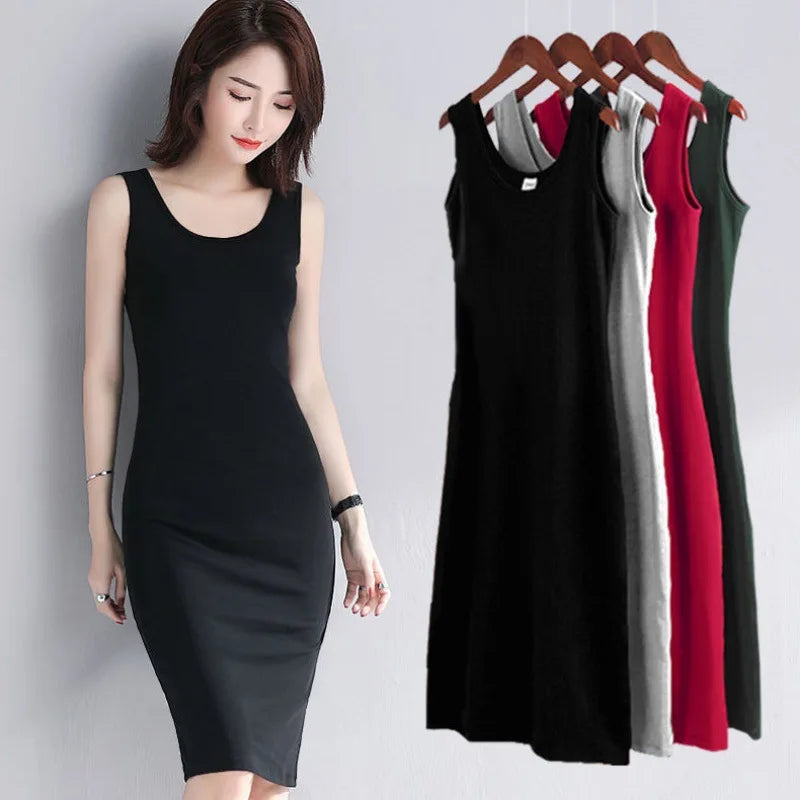 Summer Women Casual Sheath Dress Lady Sleeveless Tank Top Dress Long Slip Dress Plus Size Women Girl long  Dress