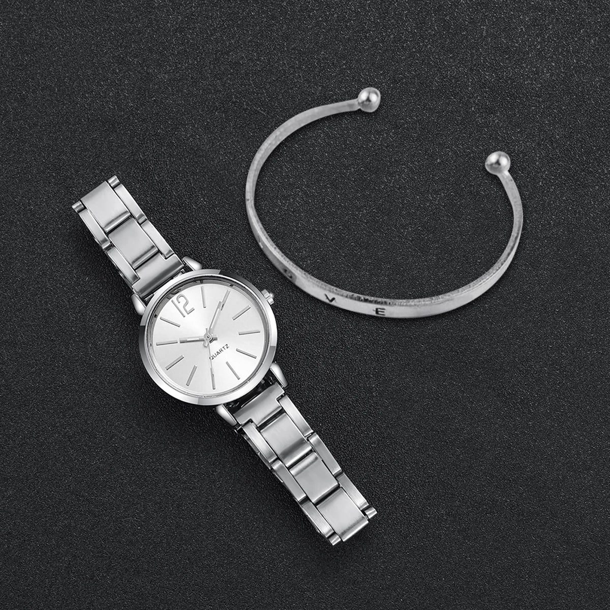 Fashion Women Elagant Watch Casual Simple Steel Strap Quartz Watch Love Bracelet 2PCs Set Temperament Wearing Style watch