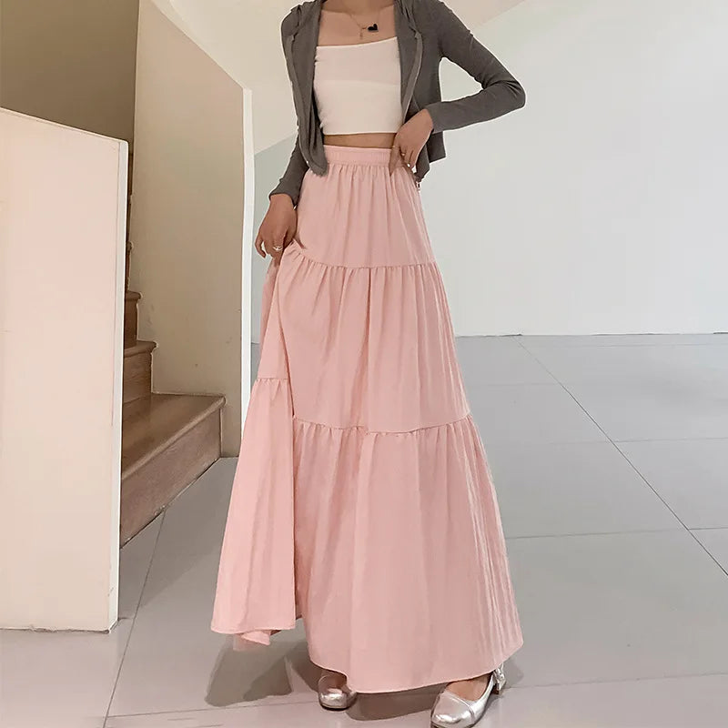 New White Long Skirts for Women Summer Y2k Clothes Korean Fashion High Waist Harajuku Elegant Casual Dance Pink Skirt