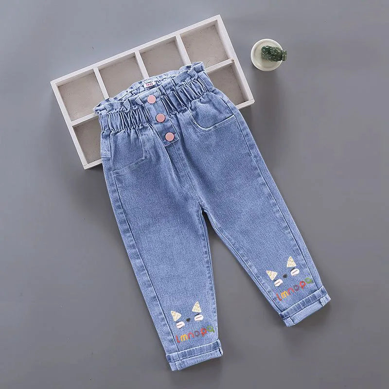 Kids Girl Jeans Floral Cartoon Long Pants Spring Autumn Graffiti Painting Print Casual Trousers with Hole Children Denim Pants