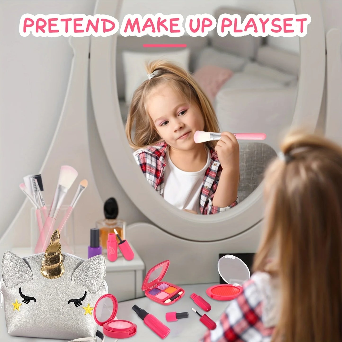 Girl Pretend Makeup for Toddlers Kids Play Makeup for Little Girls with Unicorn Purse Bag Toddler Makeup Kit Fake Make Up Toys kids makeup