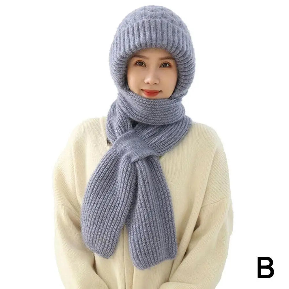 Hat Scarf All-in-one Female Winter Warm Rabbit Hair Knitted Cap Cycling Ear Protection Padded Cute Cold-proof Neck Cap