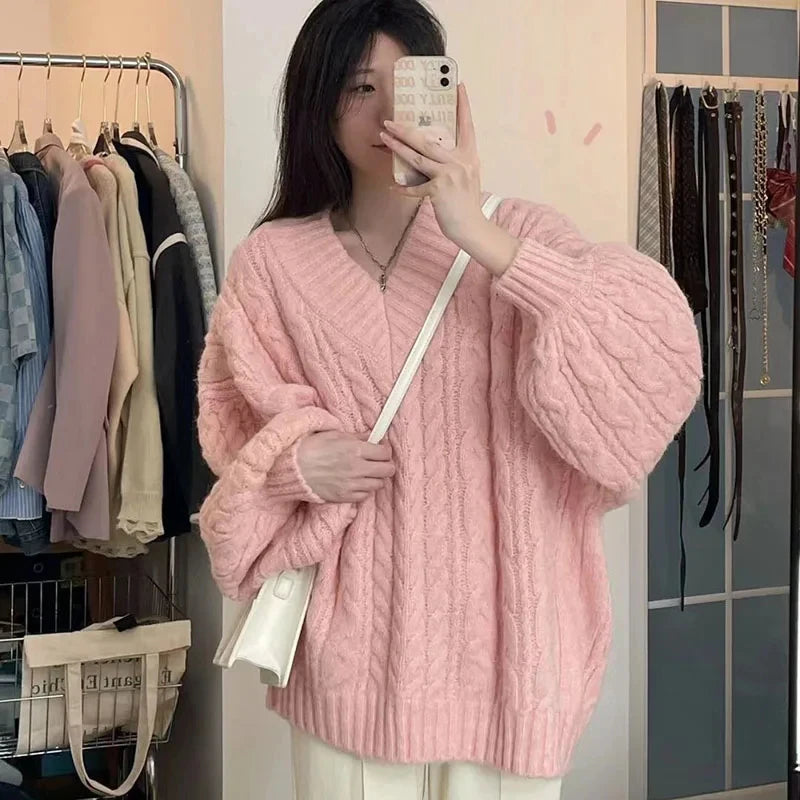 Autumn Winter Women Sweater Harajuku Oversized Knitted Pullovers Korean Long Sleeve V Neck Knitwear Preppy Solid Loose Jumper  sweater