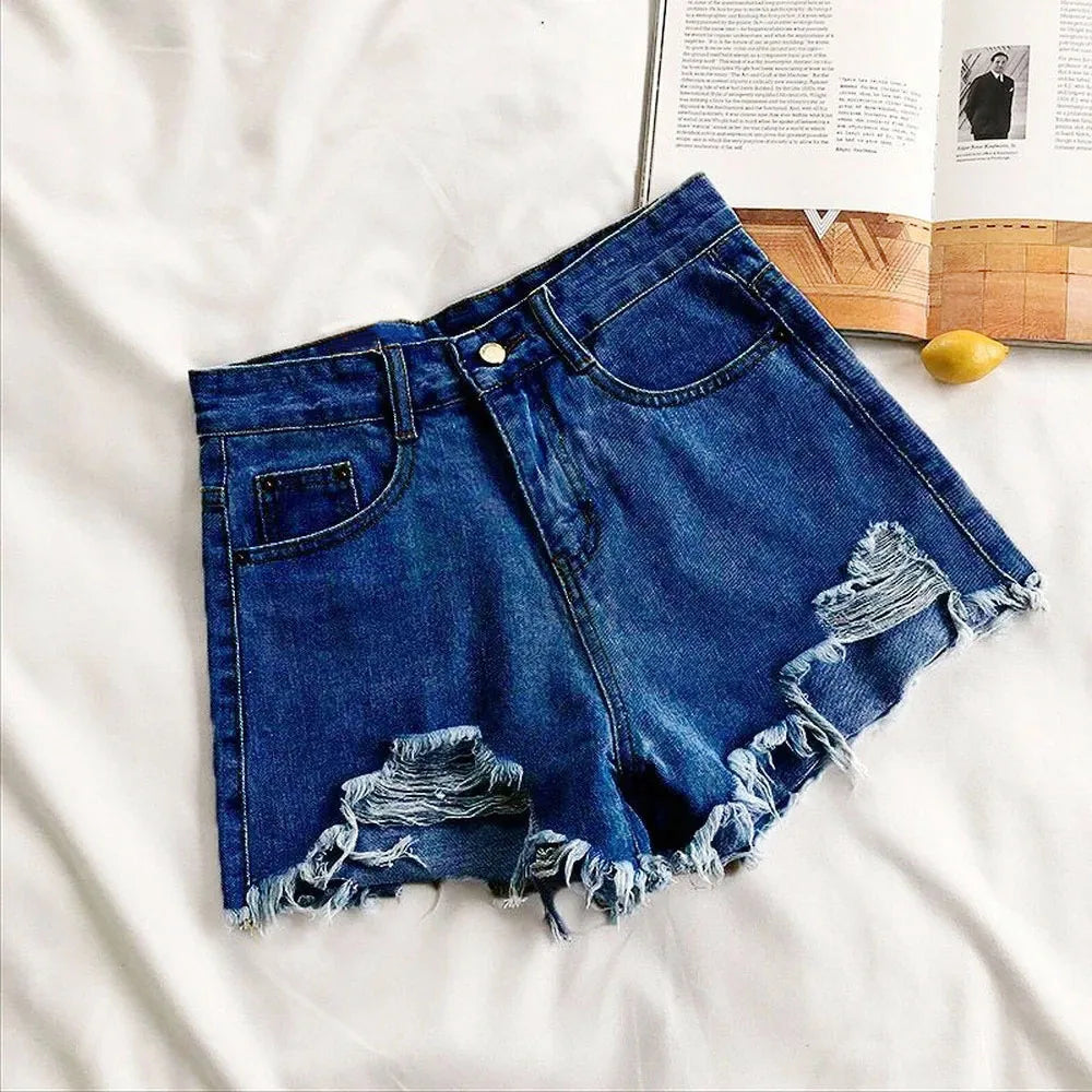 Women's Cowboy Shorts High Waist Casual Blue Denim Shorts Pocket Tassel Perforated Fashion Shorts Y2K Female Jeans shorts