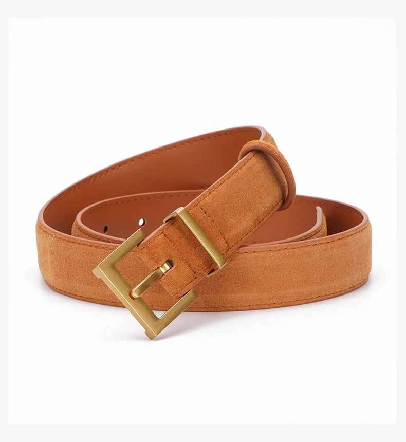 Women Luxury Brand Double Genuine Leather Belt, Casual Cowhide Suede Belts with Square Alloy Buckle for Jeans and Dresses belt