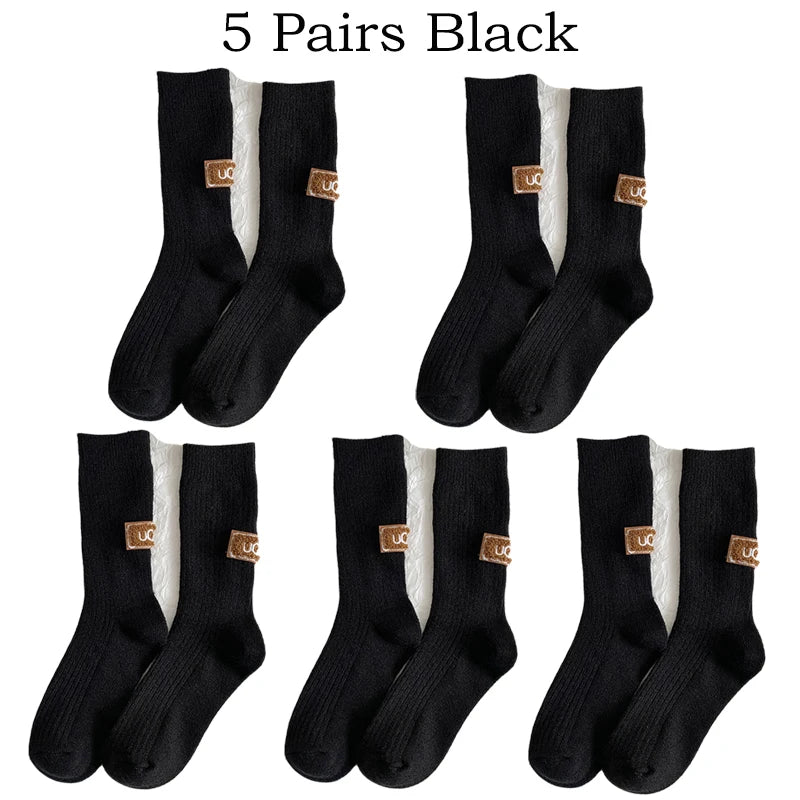 5 Pairs Winter Socks Women Cashmere Wool Socks Solid Warm Thickened Pile Embroidered Logo Mid-Calf Socks Casual Snow Boot Socks